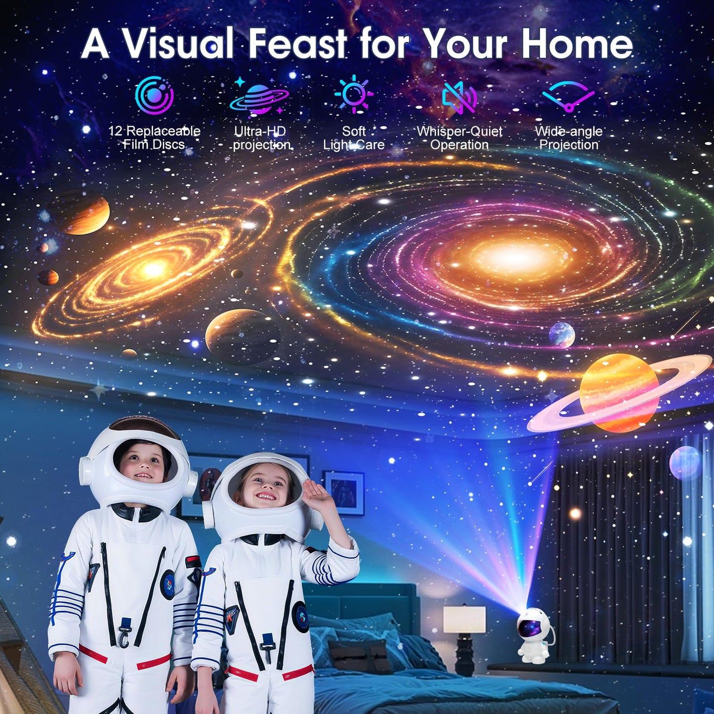 FSSQBFLC Astronaut  tarium Projector, LED Galaxy Lamp, 12 Image Discs, White, Model HT-F05