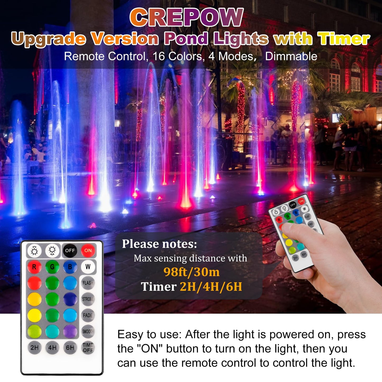 CREPOW RGBW Pond Lights - 18 LED Submersible Fountain Lights, Remote Control, IP68 Waterproof, Multicolor, Set of 3, Model TS-F2230