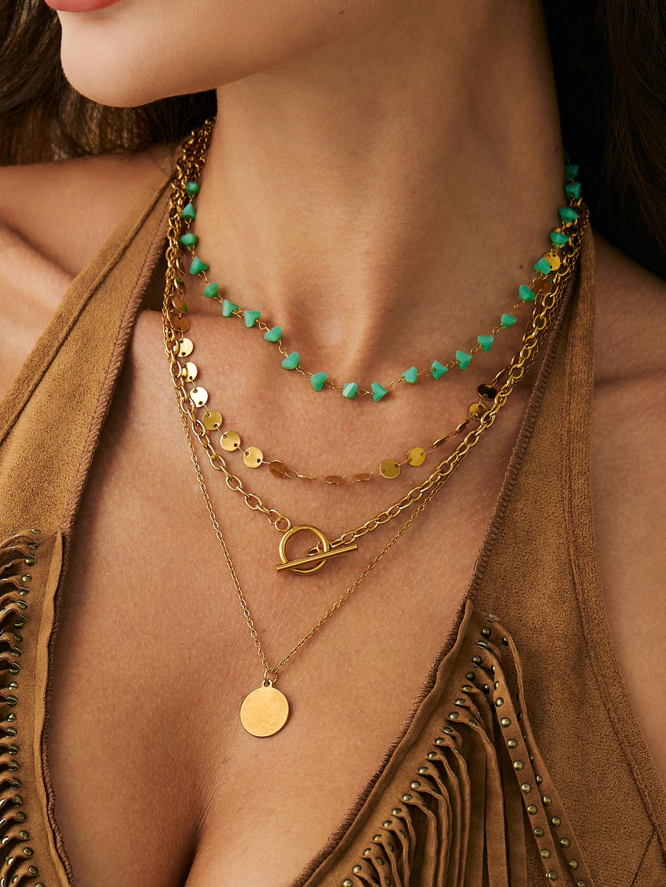 Inactwin Layered Gold Necklaces for Women Stack Boho Turquoise Western Coin Pendant Necklace Country Concert Beach Fashion Jewel