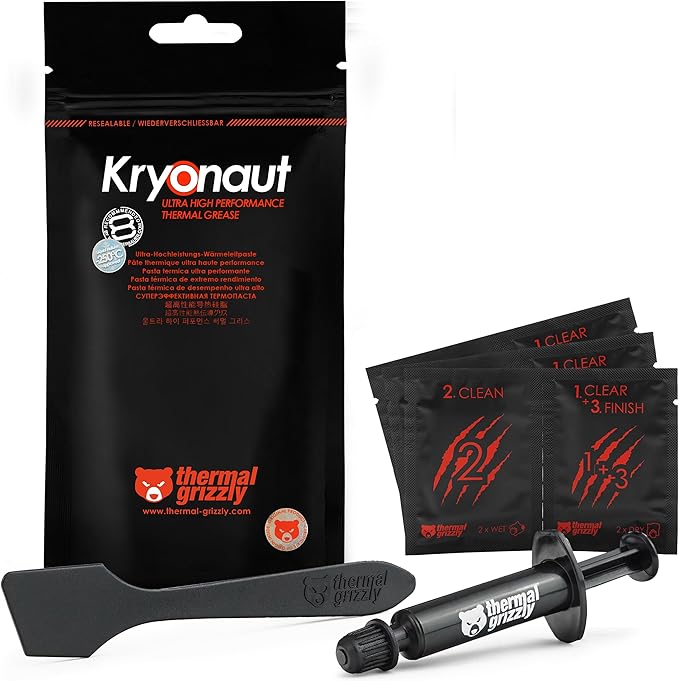 Thermal Grizzly Kryonaut - 1 Gram - Extremely High Performance Thermal Paste + 12 Cleaning Wipes 6 Wet & 6 Dry - for Deman...