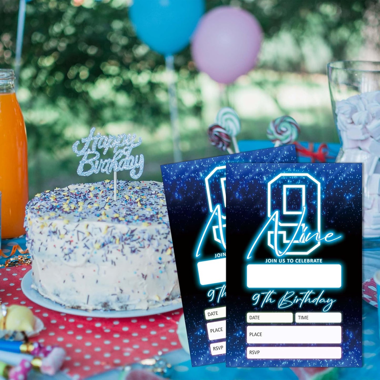SIXEIGHT Blue 9th Birthday Party Invitations for Kids, Glow Neon 9th Birthday Invitations for Boys Girls, 20 Pack Blue Invites with Envelopes, Glow Neon Party Decorations Supplies, 4"x6"-C09