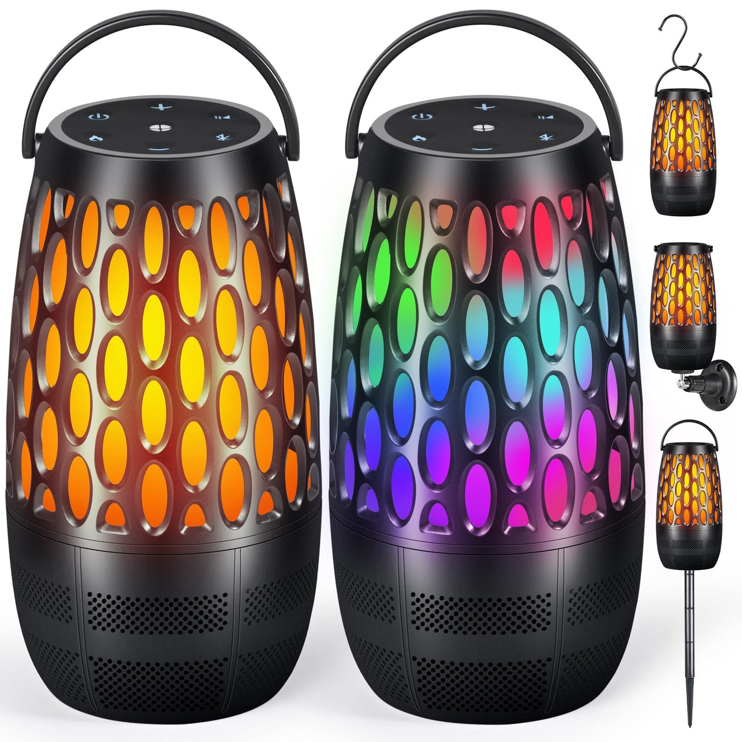Upgraded Outdoor Speakers with Flame & RGB Lights, 10W HD Stereo, Bluetooth 5.3 Auto-Pairing, Multi-Sync 100+ Speakers, IPX6 Wat