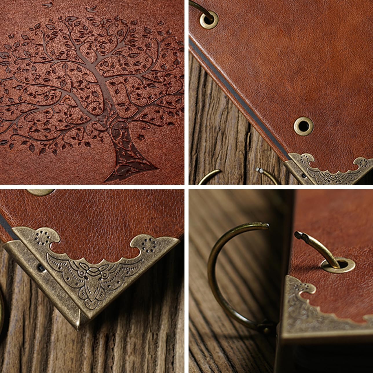 Photo Album DIY Scrapbook (10x10 inch 50 Pages Double Sided), Vintage Leather Cover Three-Ring Binder Family Picture Booth with 9 Color 408pcs Self Adhesive Photos Corners for Memory Keep, Tree