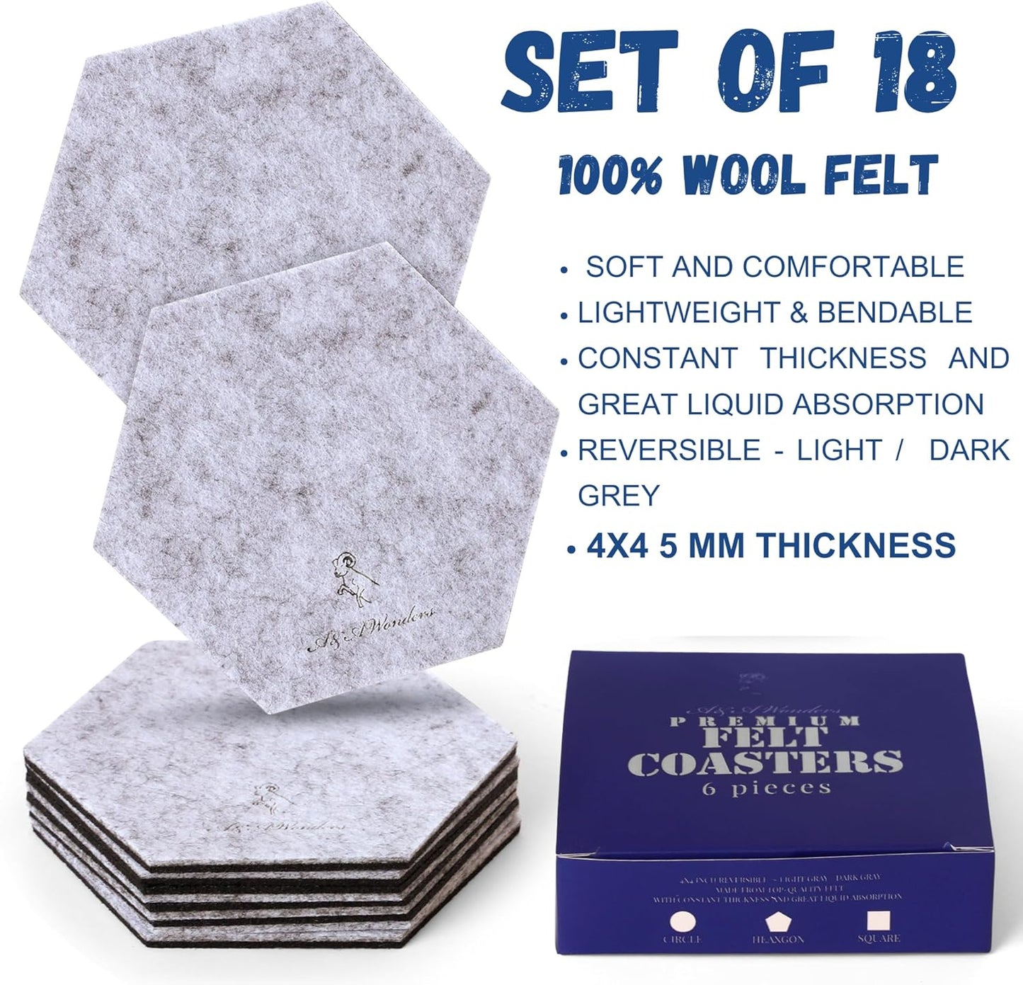 A&A Wonders Premium Felt Coasters for Drink, Two-Tone Reversible, Absorbent Felt Protects Furniture, Table, Anti Slip, Suitable for Drinks & All Table Types (Light Gray/Dark Gray, Hexagon 18 Pack)