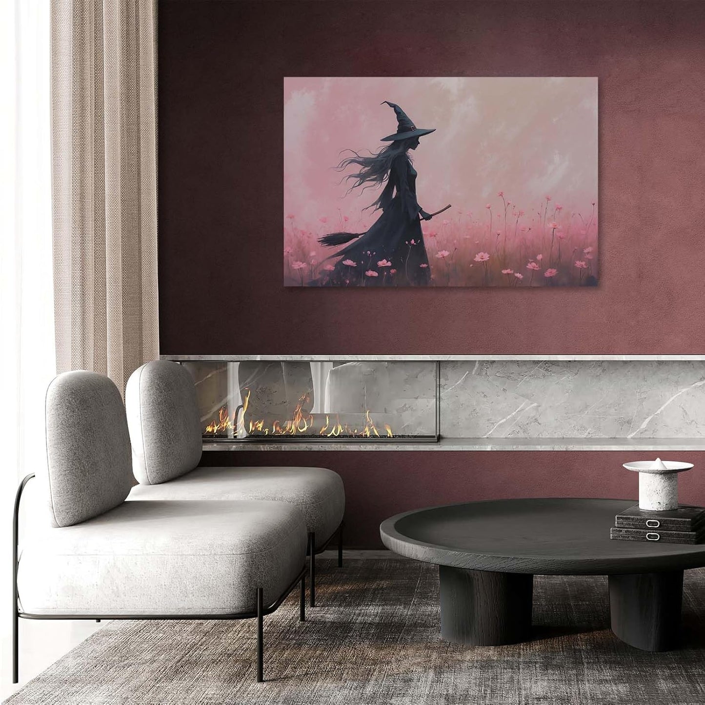JFHCQJPK Witch in the pink sea of flowers Halloween prints weird flowers wall art silhouette painting fashionable romantic decoration suitable for bedroom16x24in Frameless