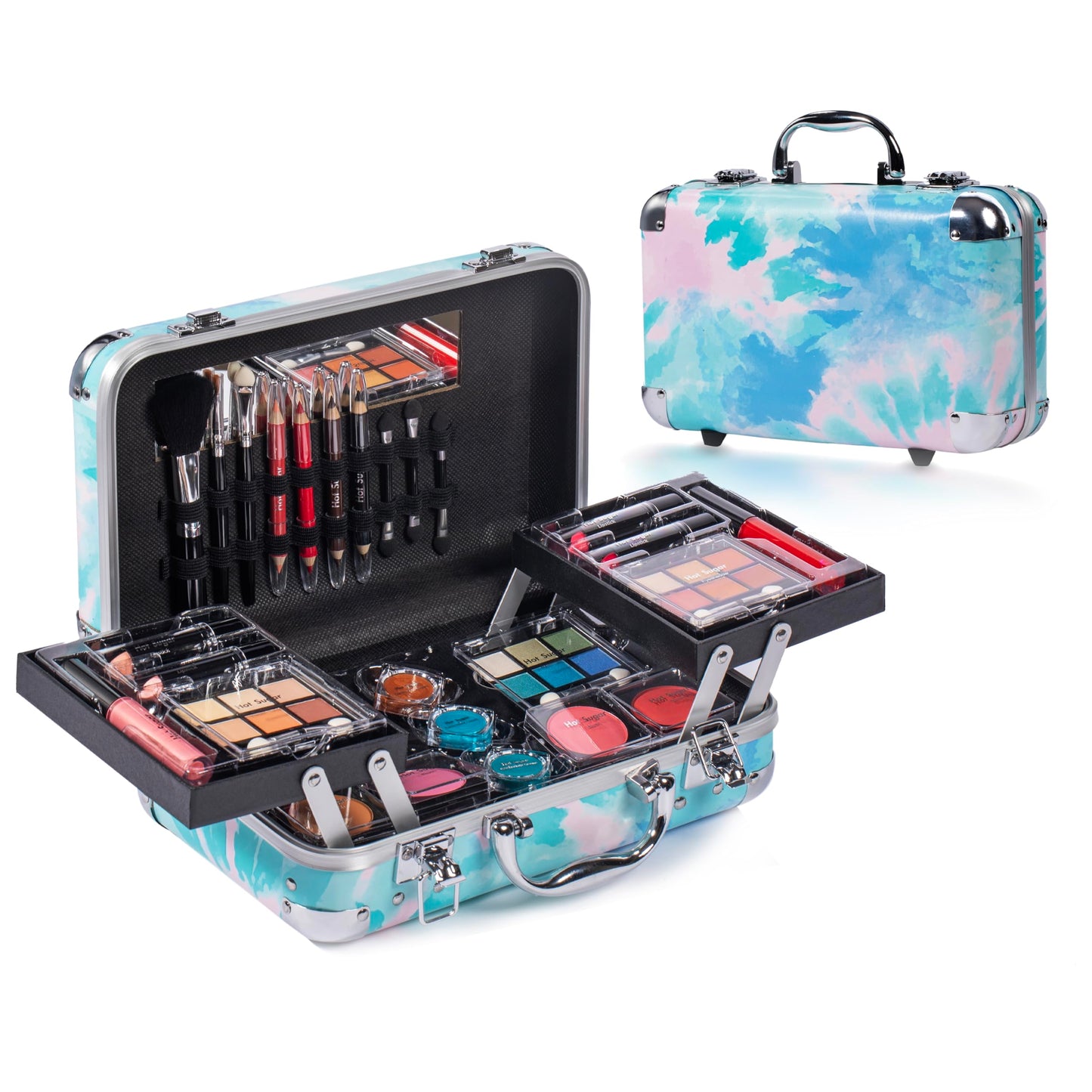 Hot Sugar All In One Makeup Set for Adults and Girls-Full Makeup Kit for Beginners Includes Eye Shadow Palette Blush Lip Gloss Lipstick Lip Pencil Eye Pencil Brush Mirror (Blue Tie-Dye)
