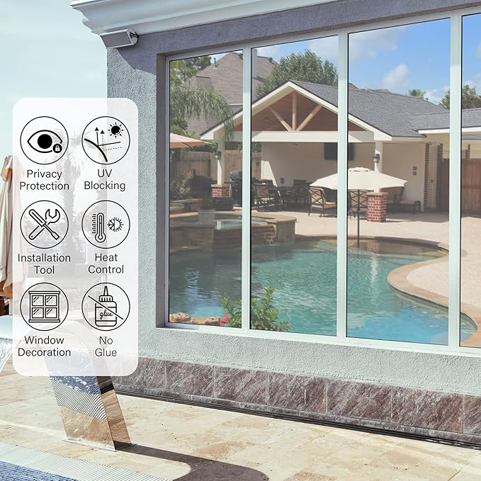 Kromapolis One Way Window Privacy Film Reflective Mirror Home Window Tint, Daytime Privacy Heat Control Anti UV Glass Tinting Static Cling (Silver, 23.6 x 78.7 inch)