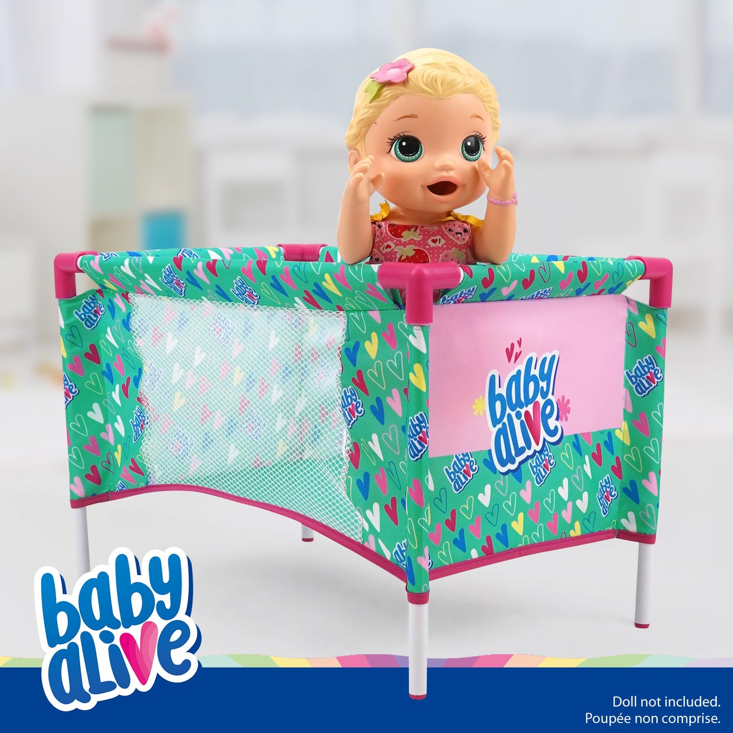 Baby Alive: at Home Set - 7pcs - Green, Pink, Hearts - Play Yard, Highchair, Feeding Accessories, Playset for Dolls Up to 18", Kids Toy, Ages 3+