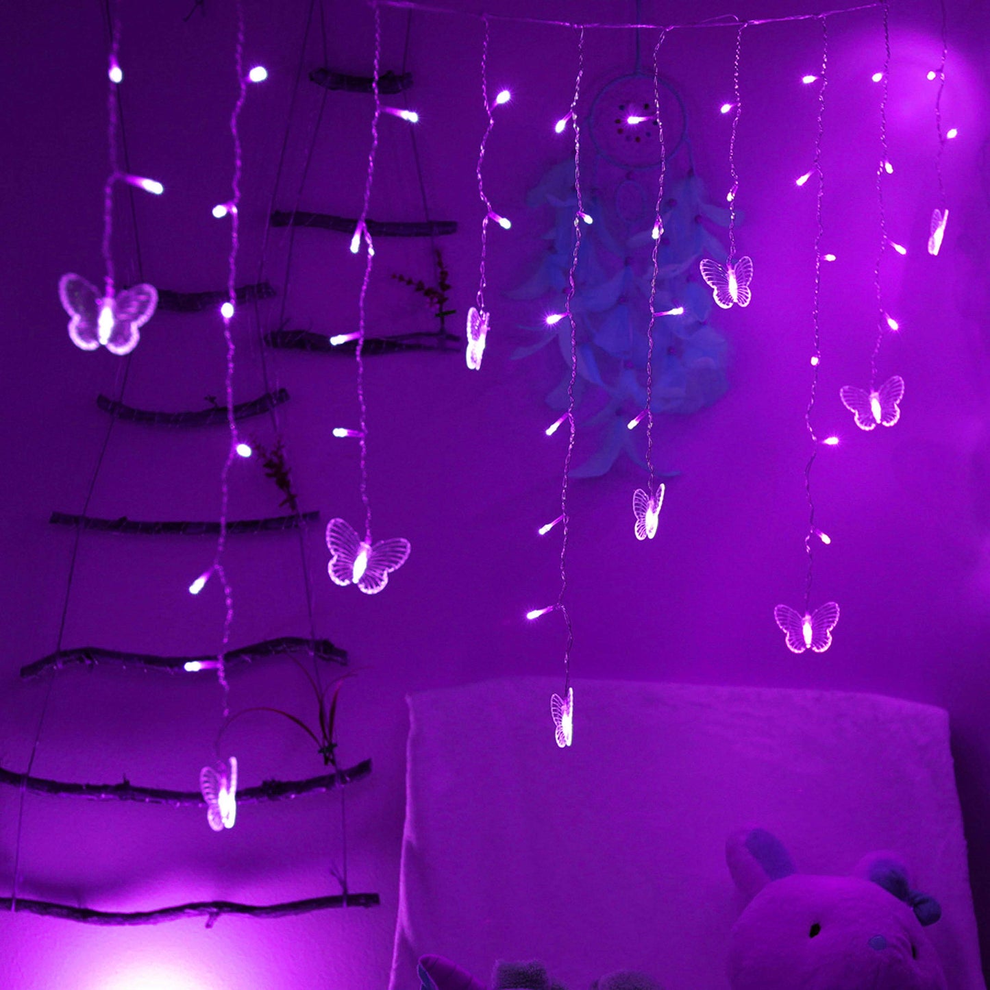 Decorman Butterfly Curtain Lights, 13ft USB LED Fairy Lights, 96 Lights, 8 Modes, Purple, Model CLD-B-R-001