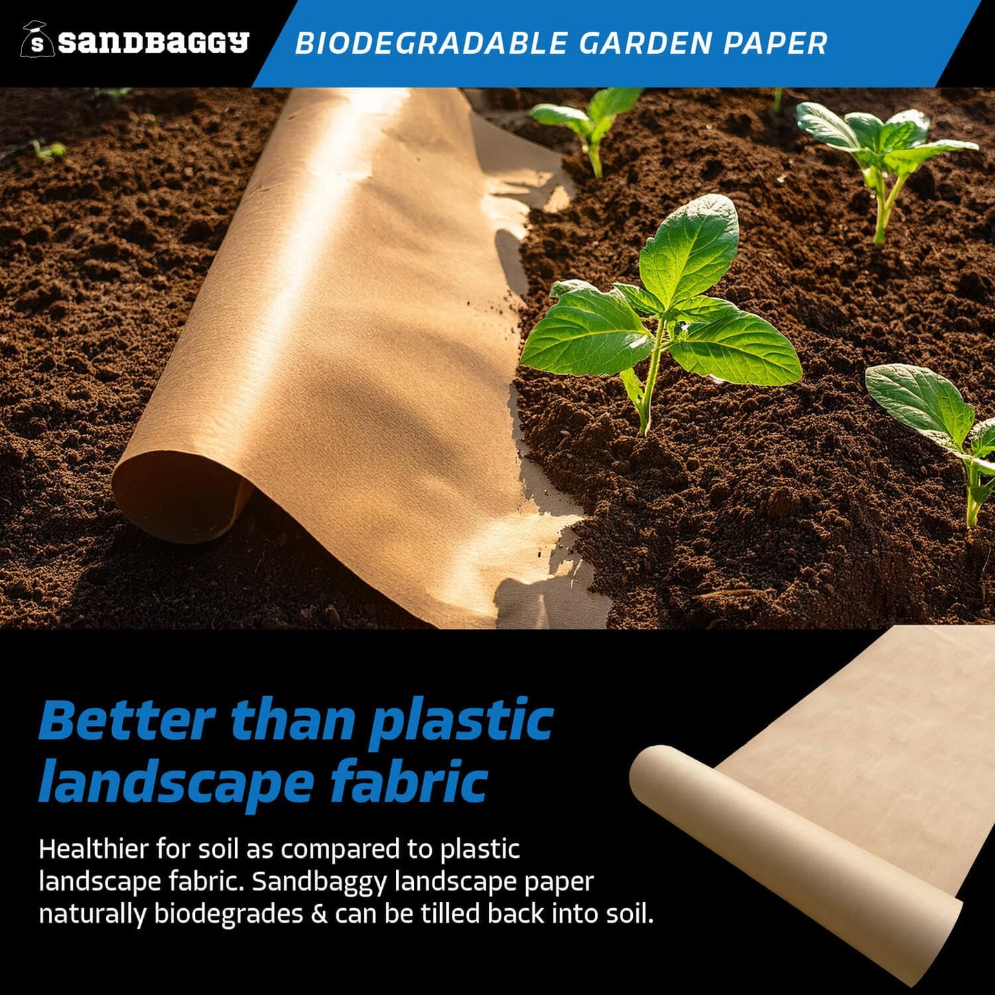 Sandbaggy Biodegradable Landscape Fabric - Garden Paper for Weeds - Paper Mulch Rolls - Made in America (3 ft x 475 ft, 10)