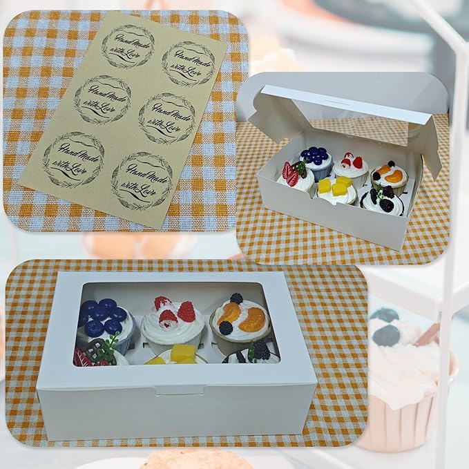 Cupcake Boxes 6 Count, Disposable Cupcake Containers, Food Grade Carrier with Window and Inserts for Cupcakes Muffins Cookies Pastries Donuts (White, 30 Pack)