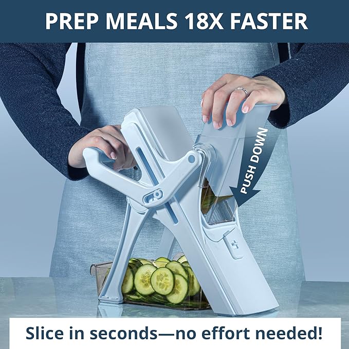 EMSON Safe Mandoline Slicer for Kitchen, All in 1 Mandoline Slicer for Food Works as Potato Slicer, Vegetable Slicer, Food Slicer, French Fry Cutter and More with 5 Blades and Storage Container