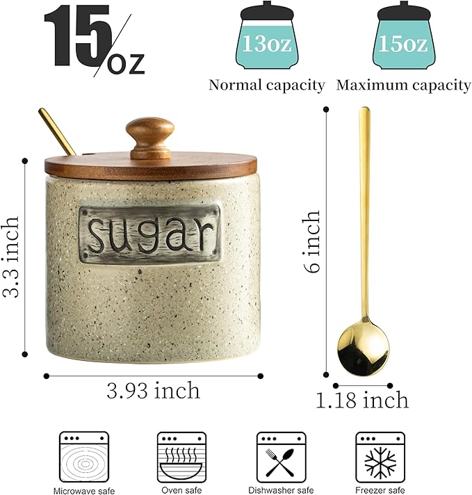 LYEOBOH 15OZ Sugar Bowl, Sugar Dish, Rustic Sugar Container with Wood Lid and Spoon for Coffee Bar, Dishwasher Safe, Stainless Steel Spoon - Farmhouse Kitchen Decor Housewarming Gift, Beige