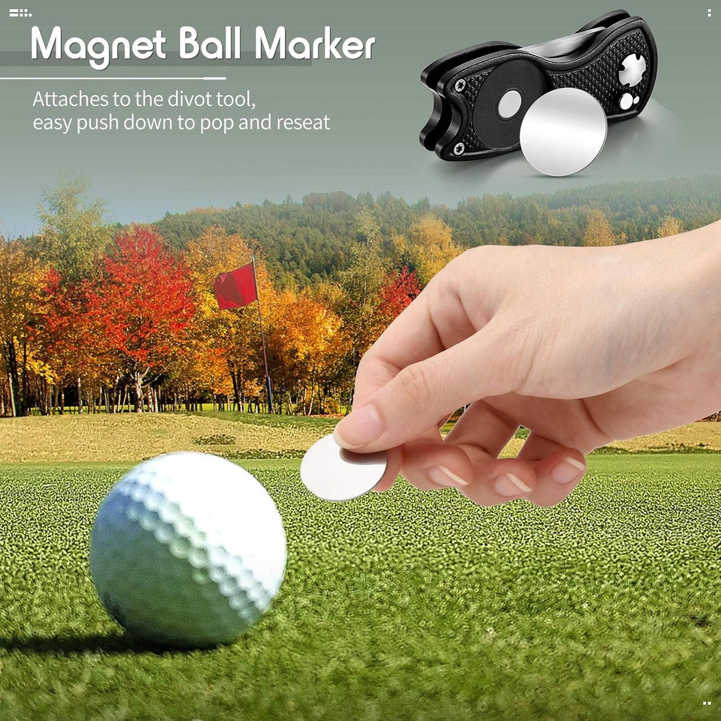 6 Packs Golf Repair Tool Stainless Steel Foldable Golf Divot Tool Magnetic Button Ball Marker