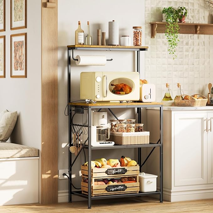 Huuger 4-Tier Bakers Rack with Reversible Power Outlet, 23.6 Inch Microwave Stand with Paper Towel Holder, Kitchen Bar, Larger Storage with Top Shelf, 6 S Hooks, Rustic Brown