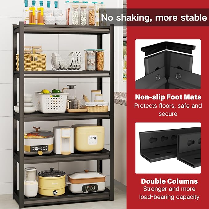 Kitchen Storage Shelves, Heavy Duty Shelving Unit, 5-Tier Adjustable Pantry Shelf, Food and Beverage Storage Shelves, Durable Metal Shelving, Appliance Storage, 59.1" H, Black