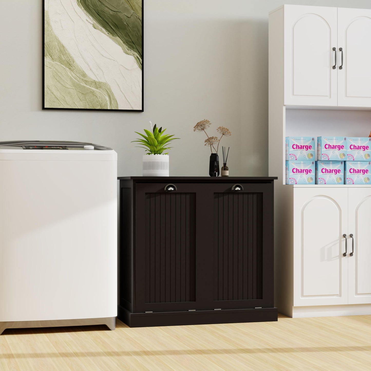 agnixnaf Laundry Sorter Cabinet, Two-Compartment Tilt-Out, Black Storage Cabinet, for Small Bothroom