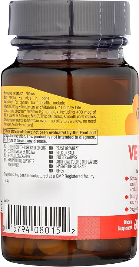 Country Life Vegan Vitamin K2, 500 mcg, Dual Spectrum MK-4 and MK-7 Complex, Supports Bone & Teeth Health, 60 Chewable Tablets, Strawberry Flavor