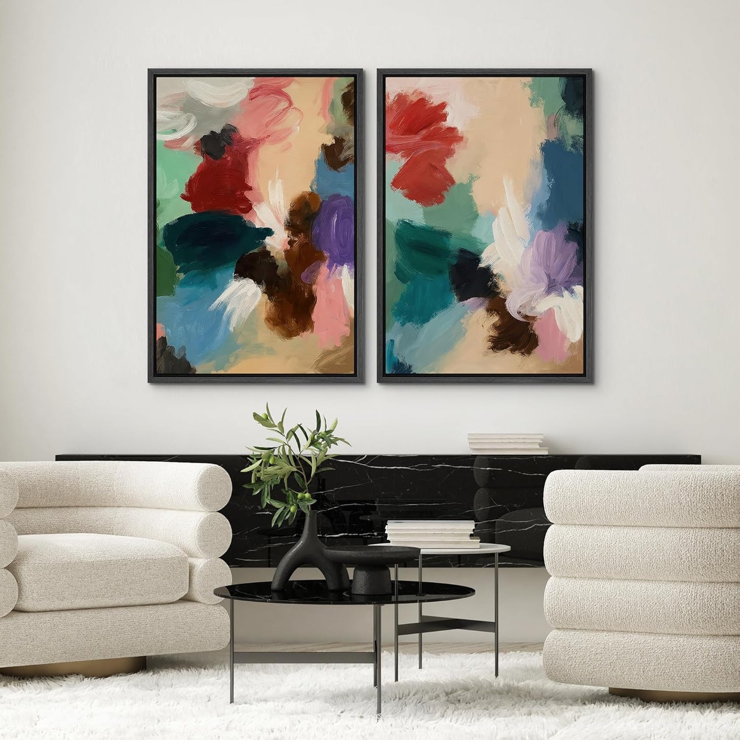 SIGNWIN Framed Wall Art Print Set Colorful Abstract Brushstroke Vibrant Illustrations Modern Art Rustic Relax/Calm Multicolor for Living Room, Bedroom, Office - 24"x36"x2 BLACK