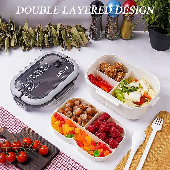 Bento Box Adult, Lunch Box for Men and Women, 1200ML Leak-proof Double-layered with Handle Lunchbox, Reusable BPA-Free Lunch Container, Microwave/Dishwasher Safe, Snack Box with Cutlery Set, White