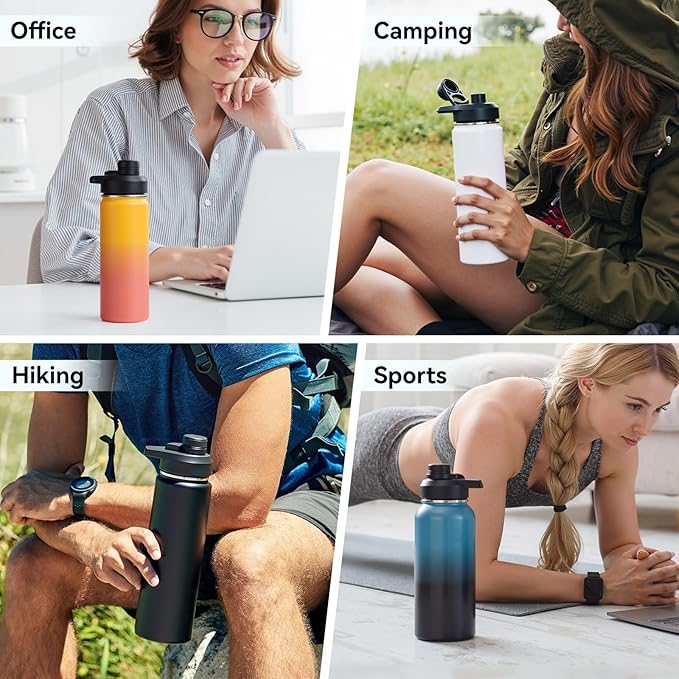 24 oz Insulated Water Bottle with Handle, 304 Stainless Steel Water Bottles with Wide Mouth, Double Wall Vacuum Sports Water Bottle, BPA Free, Keep Cold and Hot, Black