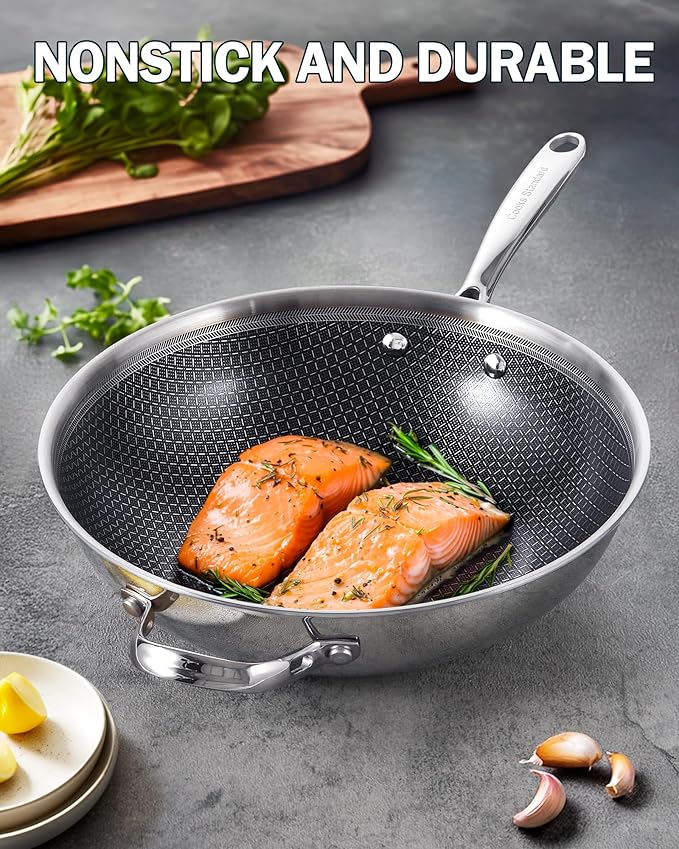 Cooks Standard 12-Inch Hybrid Nonstick Wok with Tempered Glass Lid, Multi-Ply Clad Stainless Steel Flat Bottom Wok Stit Fry Pan, Oven Safe, Induction Ready, Compatible with All Stovetops