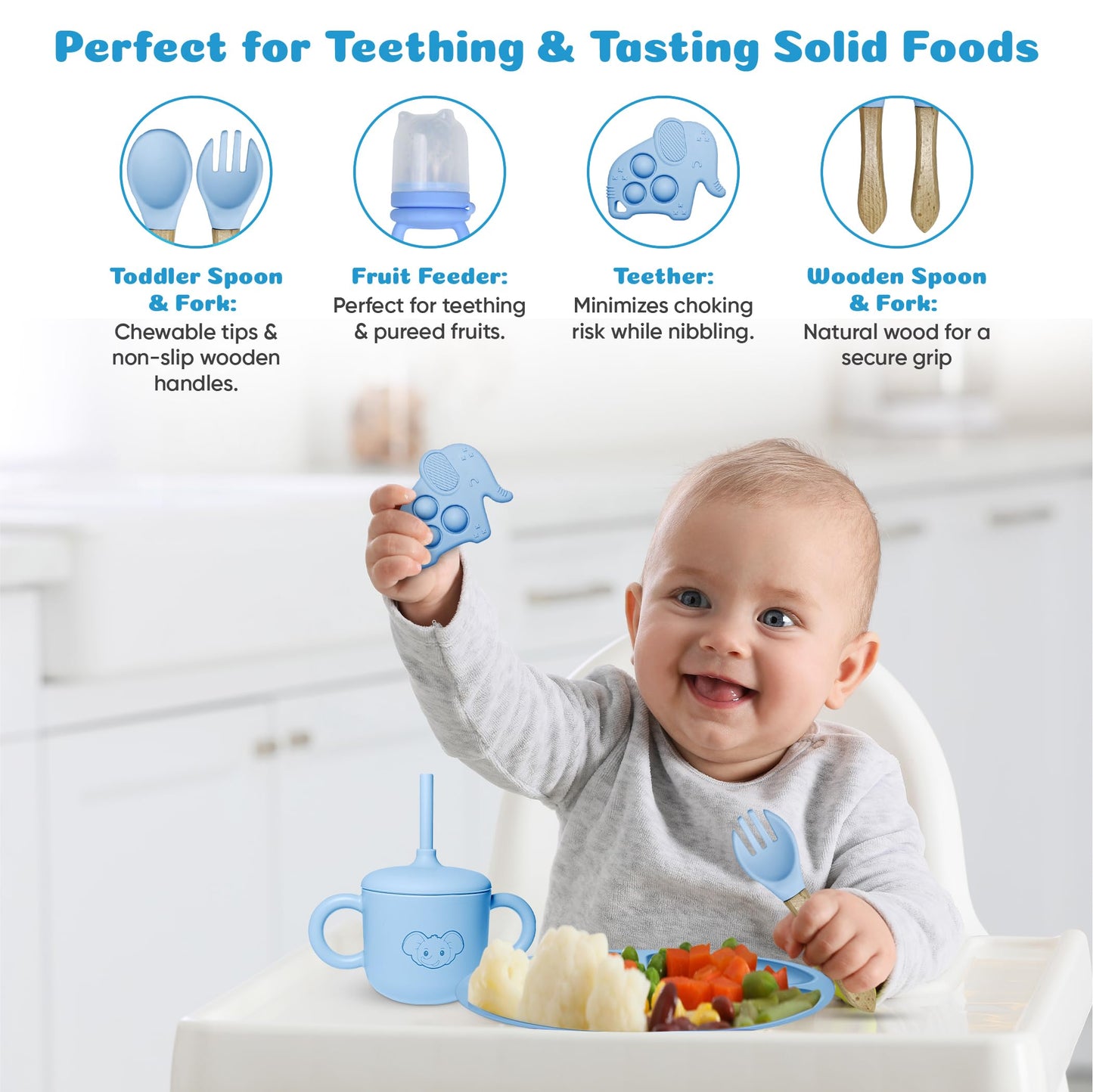 Silicone Baby Feeding Set - Baby Led Weaning Supplies with Sippy Cup, suction plate and bowl, Spoons, Forks, Fruit Pacifier, Bib, and Baby Eating Essentials for 6+ Months - Eight4you