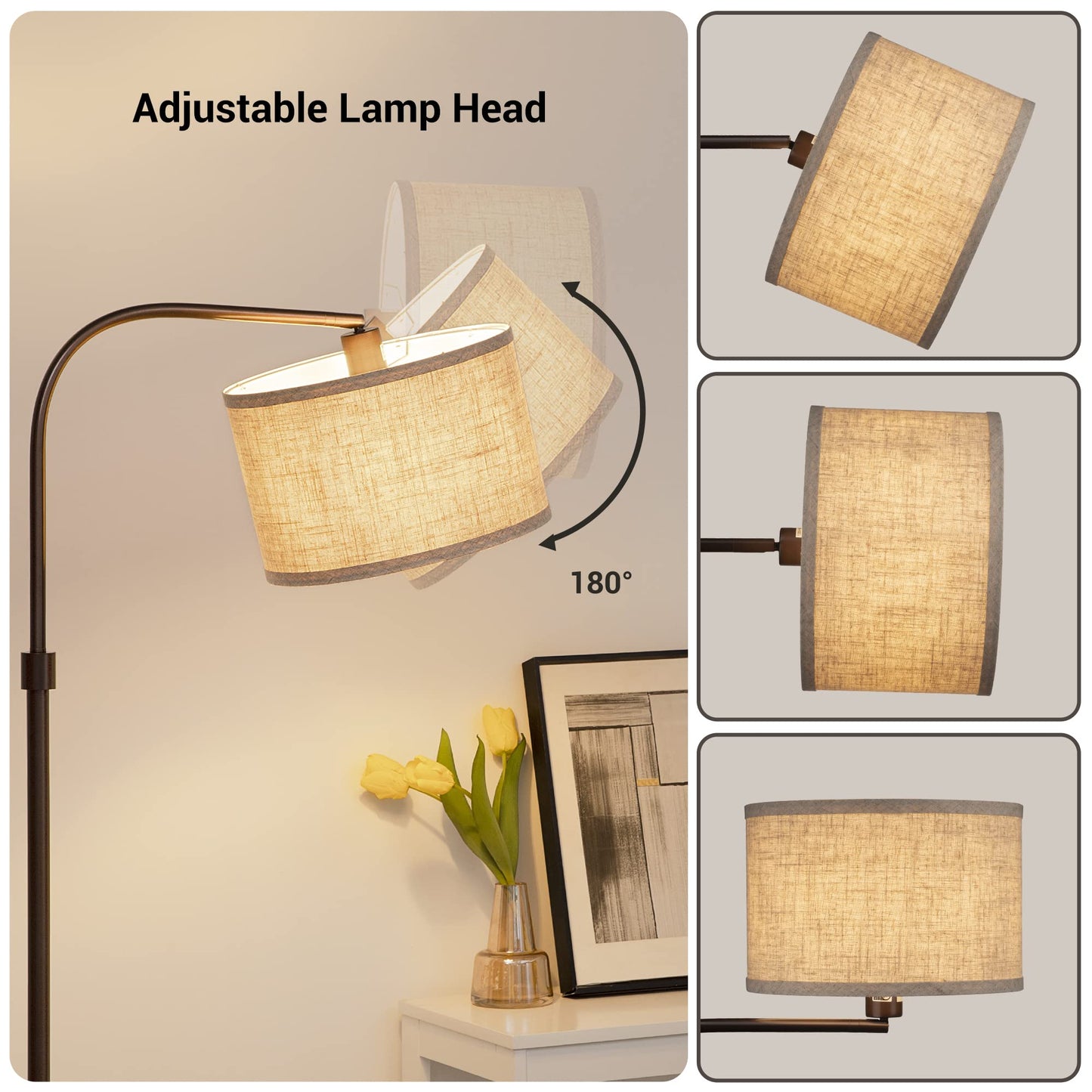 EDISHINE Arched Floor Lamp, Adjustable Linen Shade, Metal, Bronze, Model HOFL04G, Minimalist Design for Living Room, Bedroom, Office