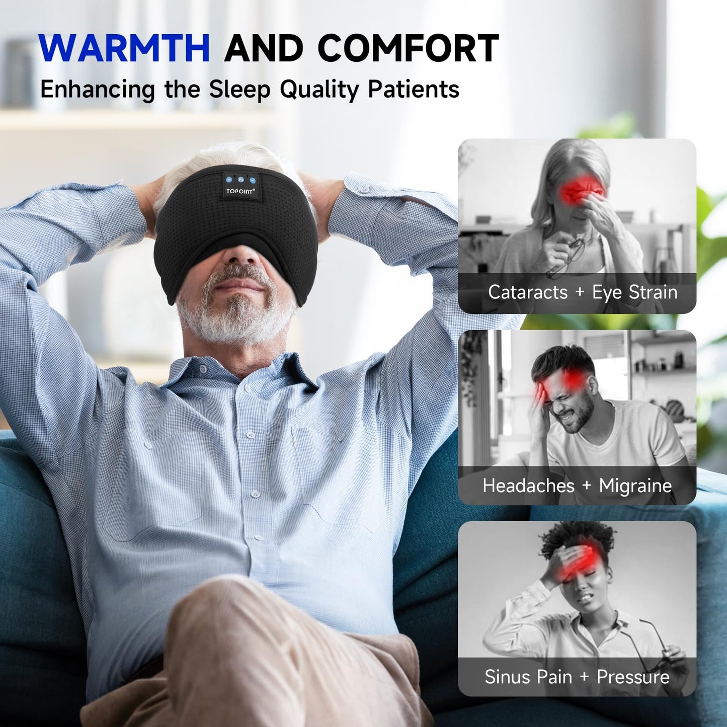 TOPOINT Sleep Mask Headphones Bluetooth Wireless 5.4, Breathable Cotton Eye Mask for Sleeping Side Sleepers Travel Music Headsets with Microphone Handsfree Men Women