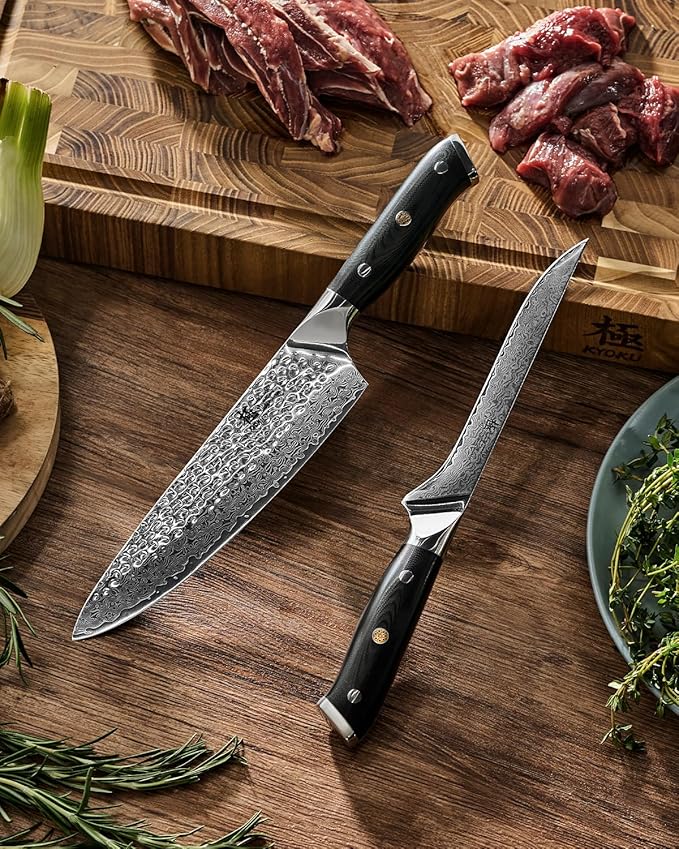 KYOKU Knife Set, Shogun Series 2pc Japanese Style Kitchen Knife Set, 7" Boning 8" Chef Knife with Sheath Gift Box, Professional Sharp Damascus Stainless Steel Knives for Meat Vegetable