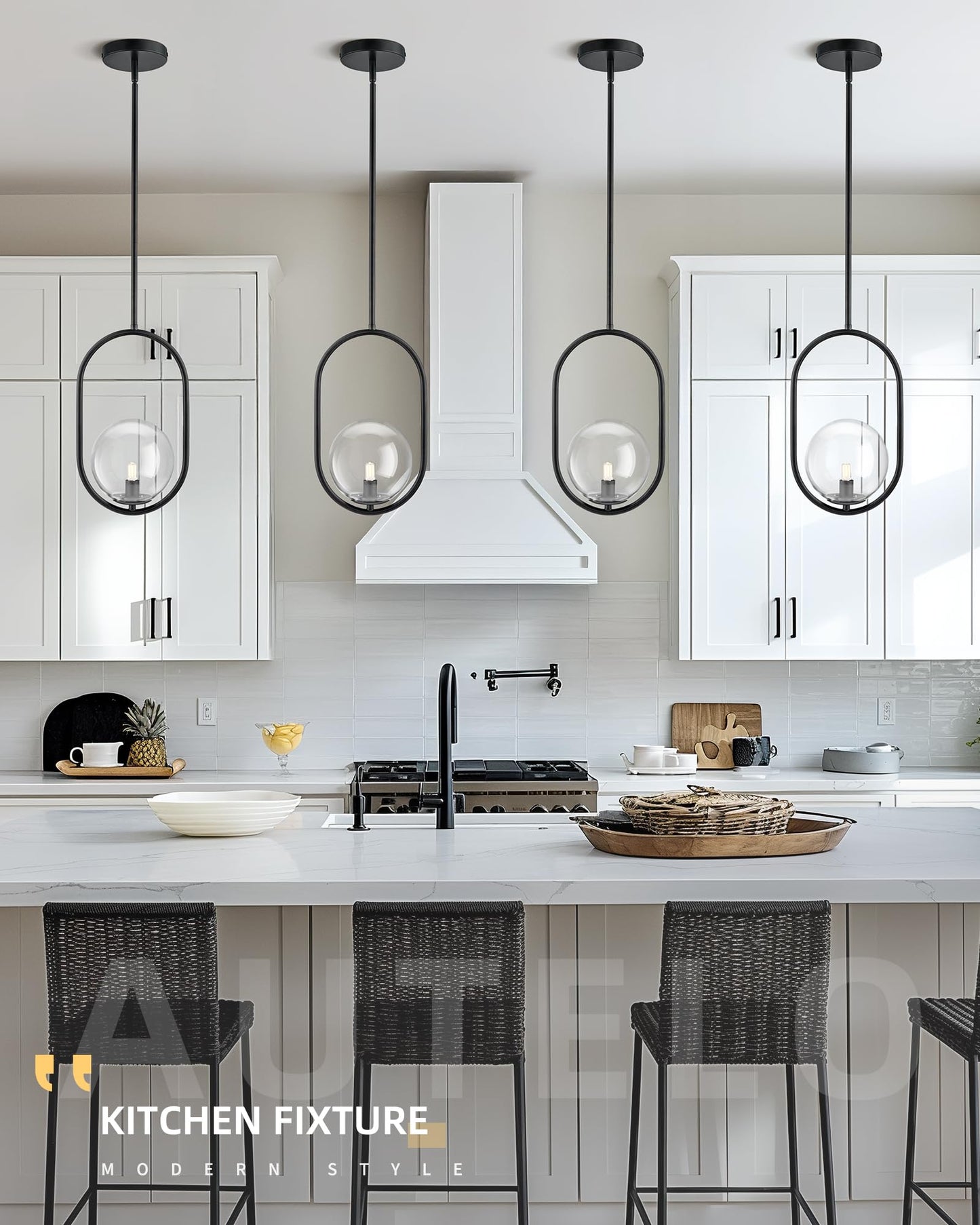 Autelo 1-Light Matte Black Pendant Lights Kitchen Island  Kitchen Pendant Lighting Over Island With Clear Globe Glass  Black Hanging Lamp With Adjustable Rod For Kitchen Island H9376 Clbk