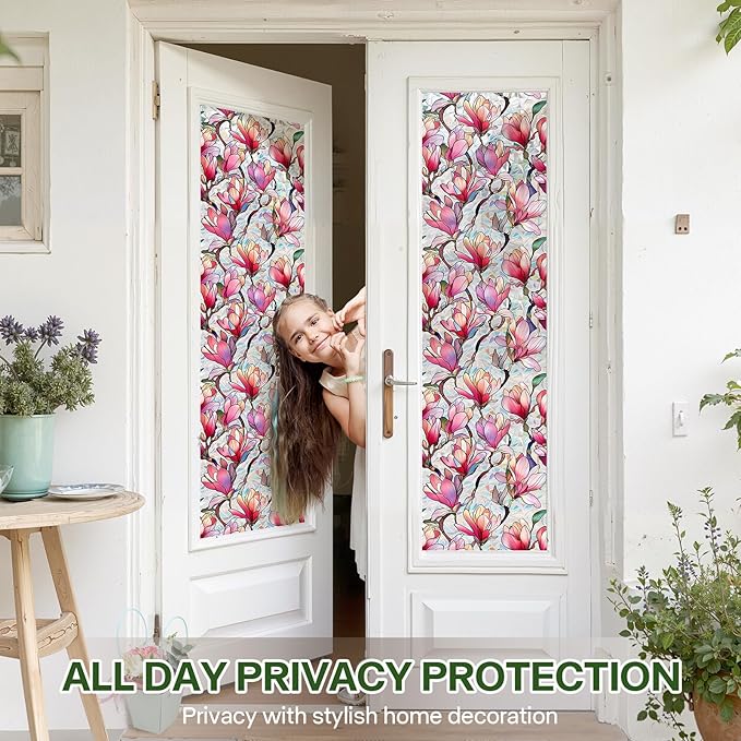 Stained Glass Window Film UV Resistant Window Privacy Film Pink Floral Privacy Rainbow Decals Living Room Bedroom Sun Blocking Decor Removable Static Cling Stickers 17 x 78.74 Inch