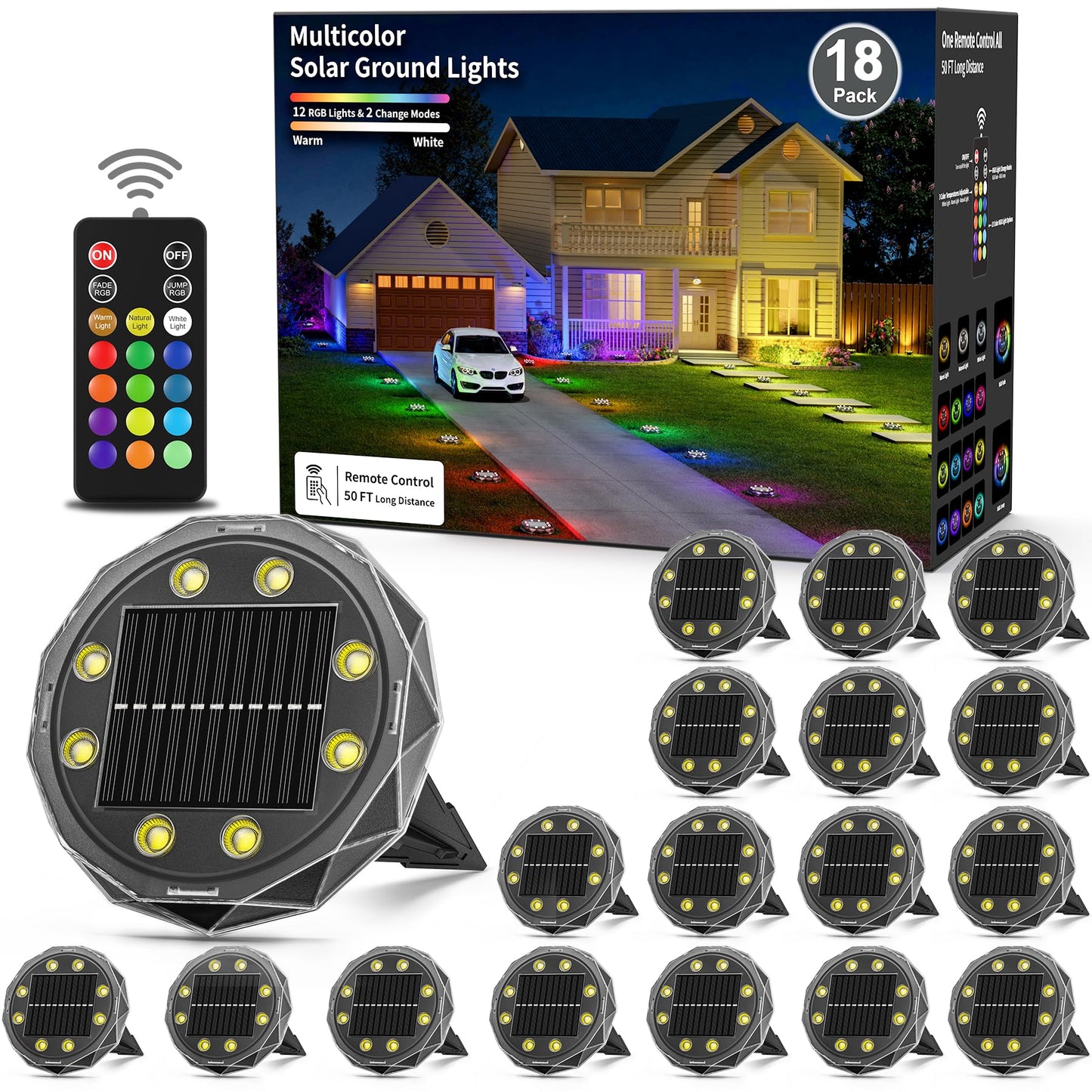 Hicotet Solar Ground Lights, 15 Multi Color, 50ft Remote Control, IP67 Waterproof, 18 Pack, Black, Model LNM-CPD-01