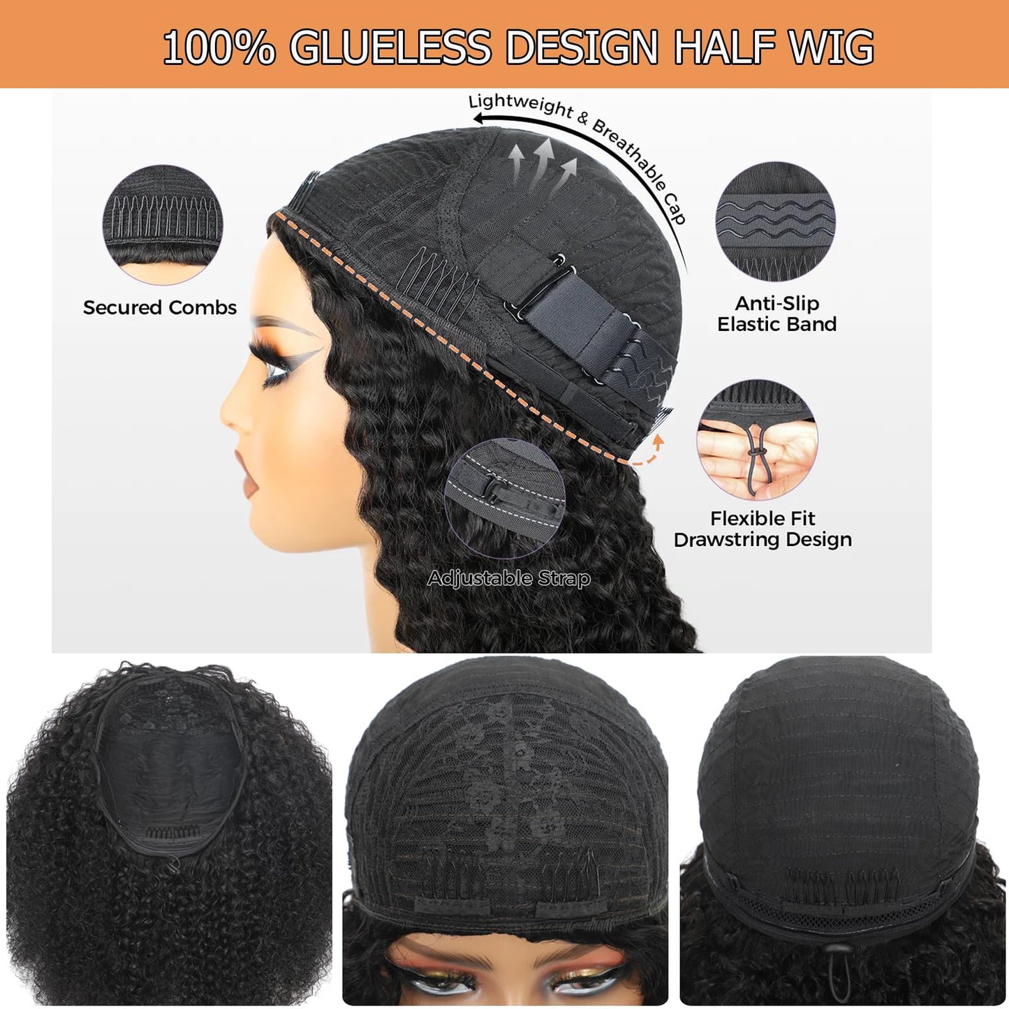 Half Wig Human Hair Curly 20 Inch 200 Density Glueless Jerry Curly Human Hair Half Wigs For Black Women 3 In 1 Seamless Flip Ove