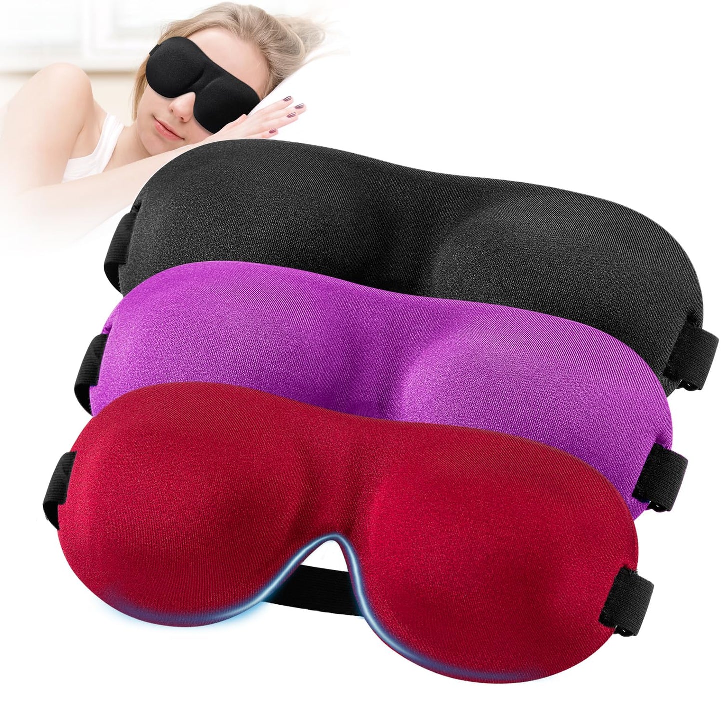 YIVIEW Sleep Mask for Back and Side Sleeper Pack of 3, 100% Light Blocking 3D Eye Masks for Sleeping, Lightweight & Breathable Eye Cover for Women Men, Zero Pressure Night Blindfold
