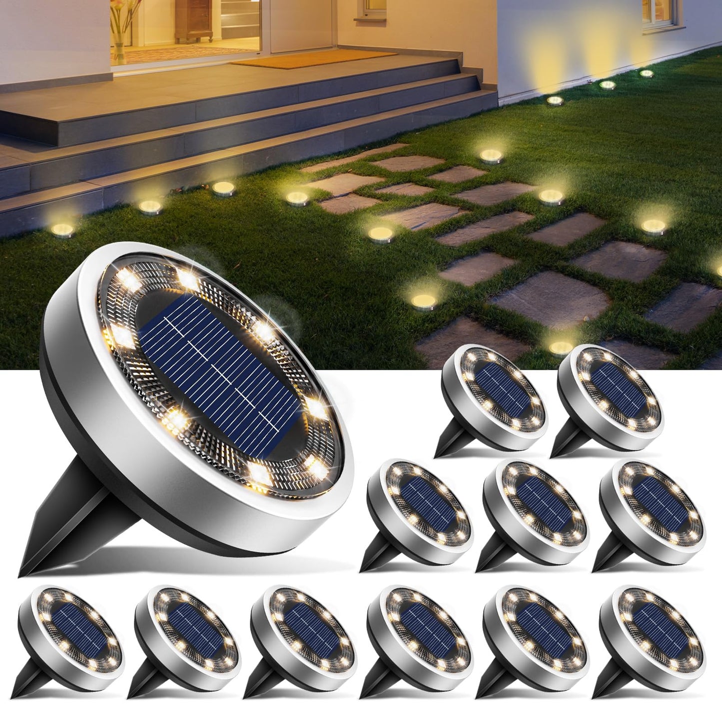 btfarm 12 Pack Solar Ground Lights, IP65 Waterproof LED Disc Lights, Warm White, Stainless Steel, Model DC-CD915