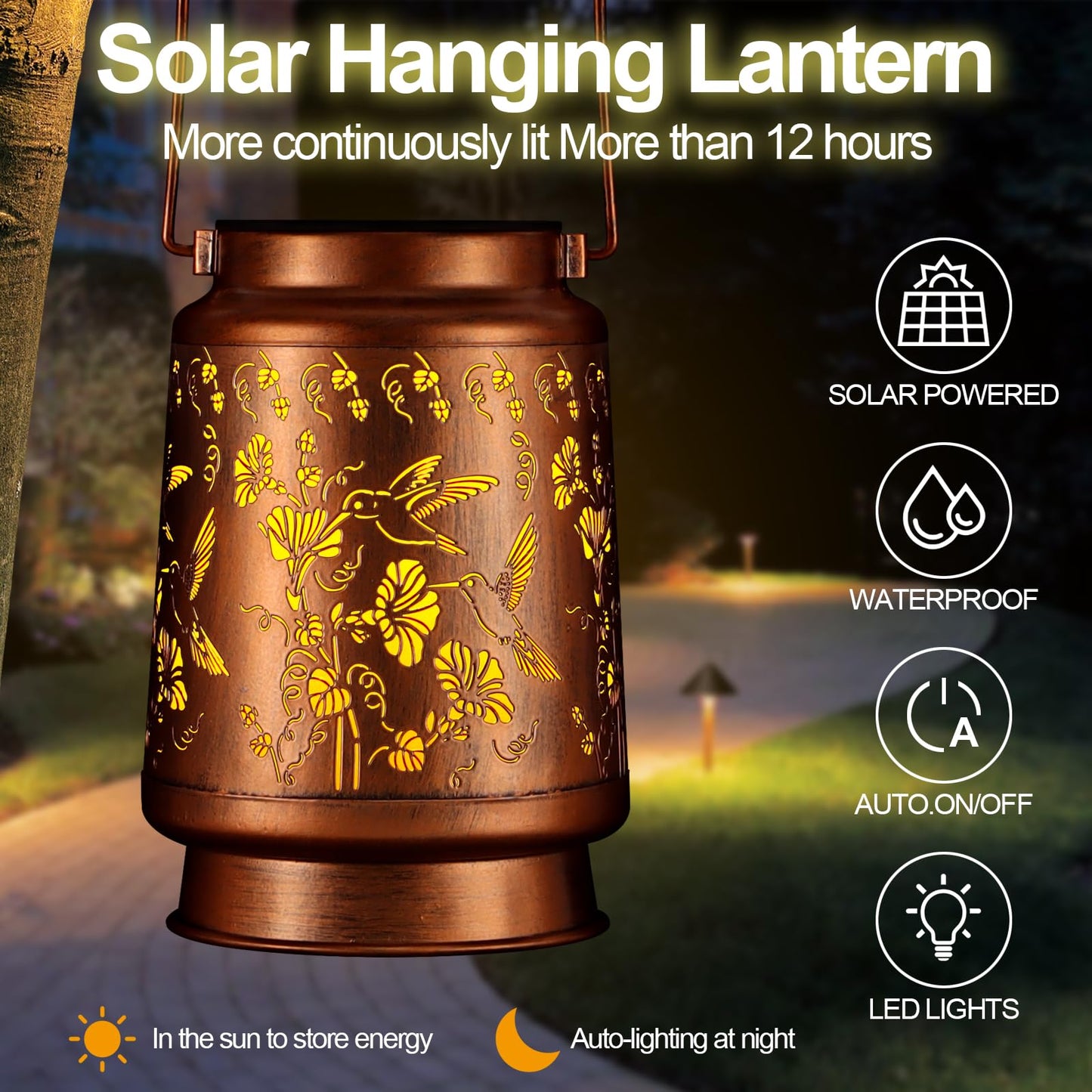 Solar Lantern Outdoor Hanging Waterproof Outside Metal Openwork Hummingbird Pattern Birthday Gifts For Women Mom Landscape Lights For Porch Garden Yard Patio Pathway Decor(Two Hummingbirds)