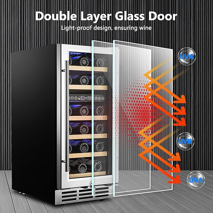 15 Inch Dual Zone Wine Fridge, 28 Bottles Under Counter Wine Refrigerator, with Removable Shelves, Double-Layer Glass Door, Wine Cooler for Built-In or Freestanding, for Home/Commercial