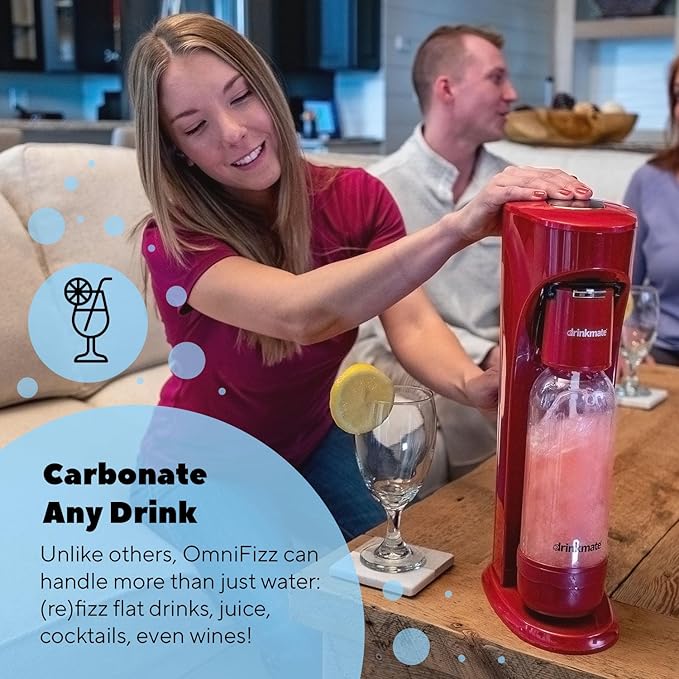 Drinkmate OmniFizz Sparkling Beverage Maker CO2 Bundle - Sparkling Water/Soda Streaming Machine That Carbonates Any Drink - Includes 4 CO2 Cylinders, 1 Carbonation Bottle, 1 Fizz Infuser - Arctic Blue