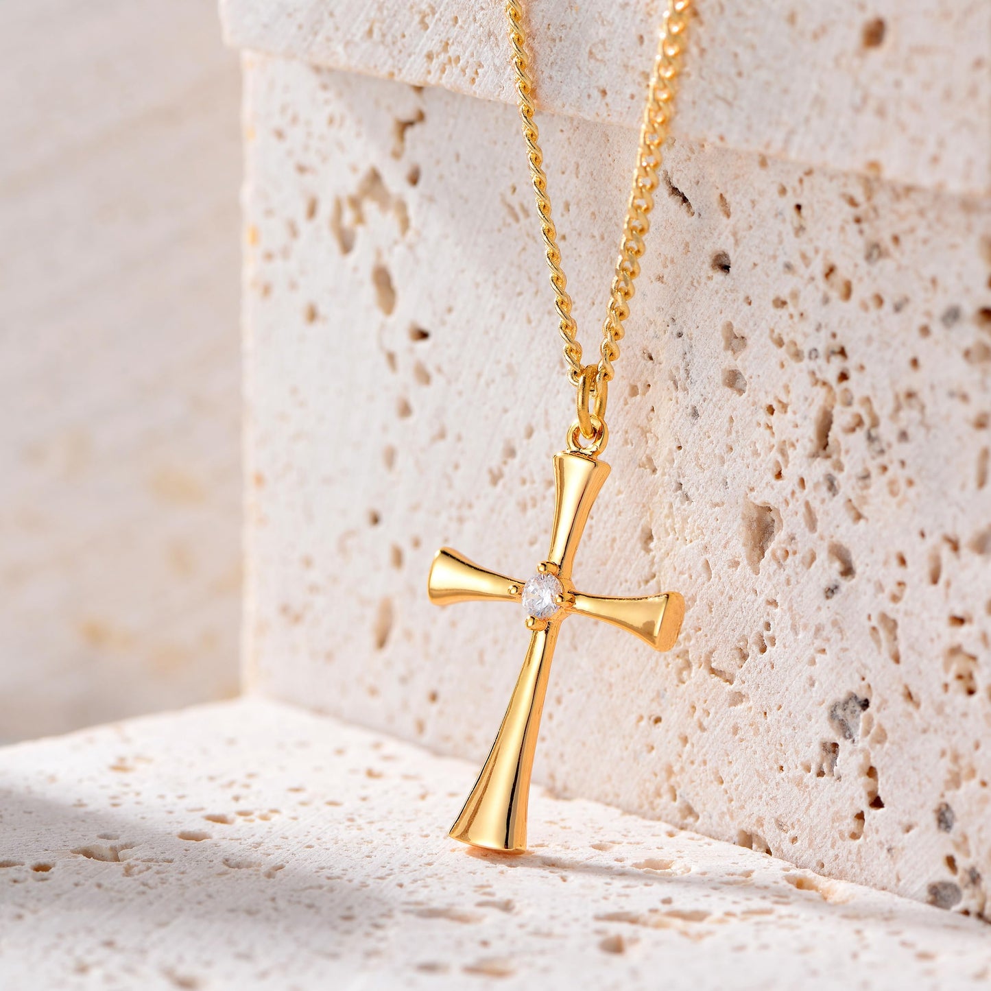 Fettero 14K Gold Plated Cross Necklace, Cross Faith Blank Curve Pendant Dainty Chain Simple Tiny Jewelry Gift for Women