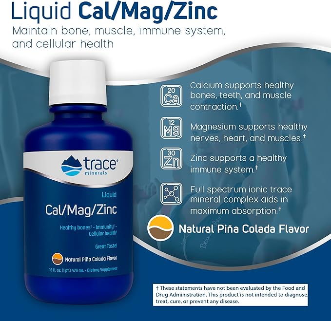 Trace Minerals | Liquid Cal/Mag/Zinc | Calcium, Magnesium, Zinc, Vitamin D3 Supplement | Supports Normal Tissue, Muscle, and Bone Density | Natural Piña Colada Flavor | 16 Servings, 16 fl oz.