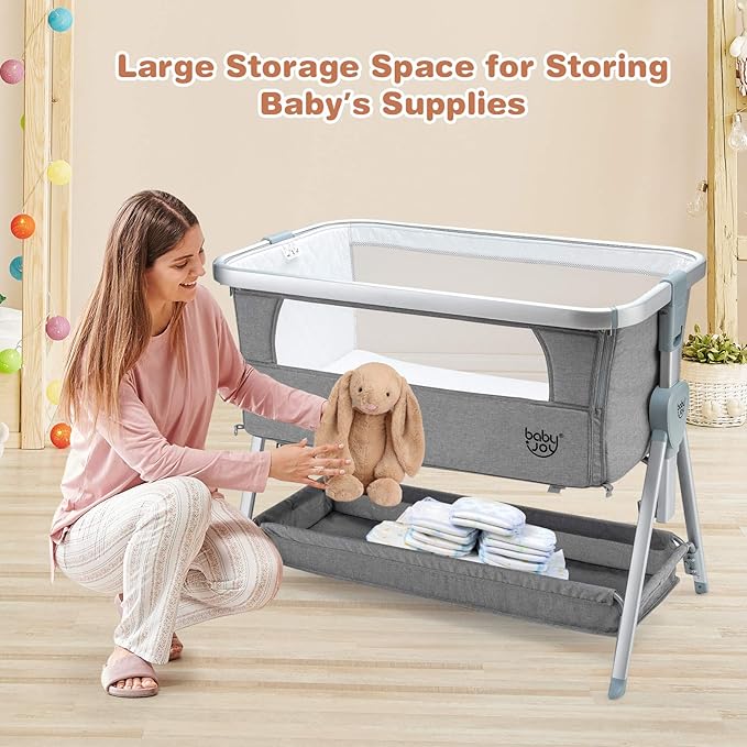 BABY JOY Bedside Bassinet, Portable Baby Crib w/Mattress, Two-Side Breathable Mesh, 7 Height Adjustable, Large Storage, Wheels for Easy Movement, Crib for Newborn Infant, Bassinet for Baby, Grey