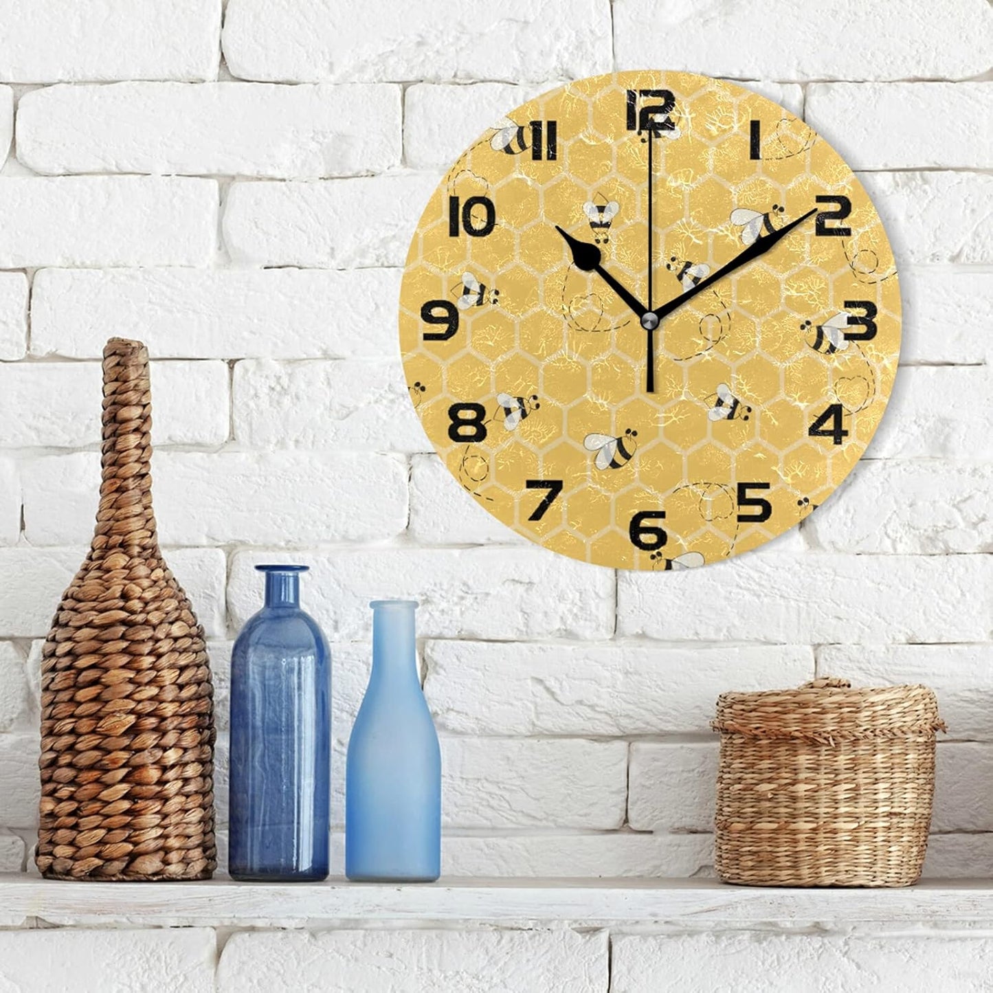 Animal Bee Honeycomb Wall Clock Silent Non-Ticking,Yellow Honeybee 9.5 Inch Round Wall Clock Battery Operated Bee Clock Decor for Home Wall Bathroom Kitchen Bedroom Living Room Office Classroom Patio
