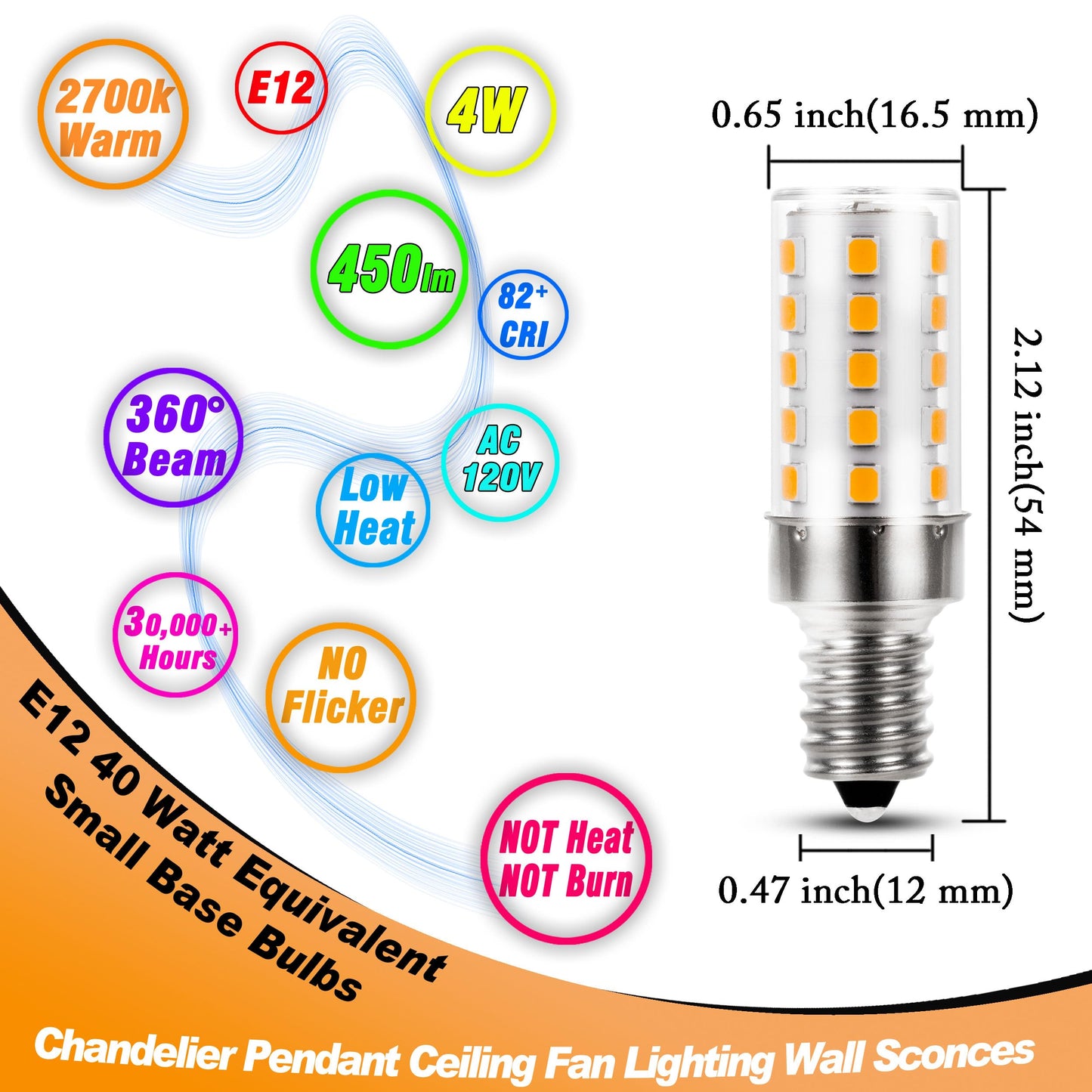 Heifymi E12 40 Watt Equivalent Led Light Bulbs 2700K Warm White 120Volt 450Lm 4W T6 C7 E12 Small Base Led Candelabra Bulb For Chandelier Pendant Ceiling Fan Lighting Wall Sconces  Non-Dimmable  4 Pack