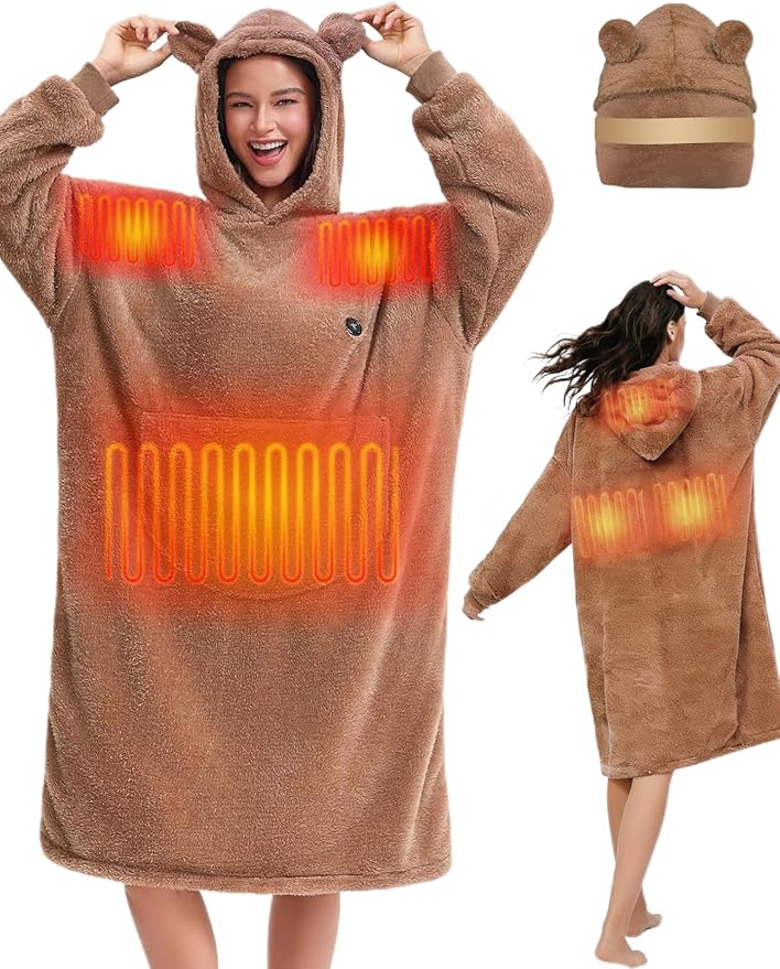 SEMANJLL Wearable Heated Blanket,Oversized Fleece Heated Hoodie Powered by 7.4V 16000mAh Battery