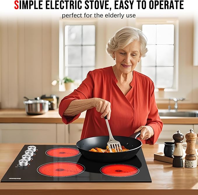 Karinear 24 Inch Electric Cooktop 4 Burners Electric Stove, Knob Control,6000W, Built-in Radiant Hob,Residual Heat Indicator, Overheat Protection,Hardwired 220V Radiant Ceramic Stove(Silver Knob