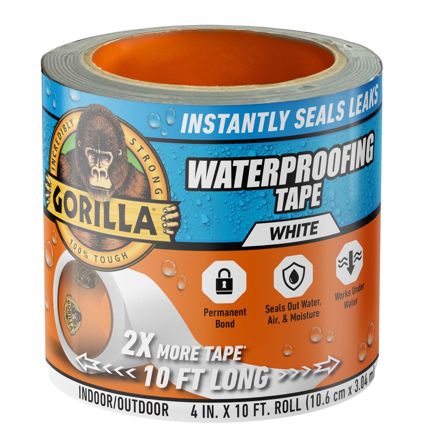 Gorilla Waterproof Patch & Seal Tape, White Tape, 4" x 10' (Pack of 1) - Permanent Weather Resistant Seal for Leaks and Repairs