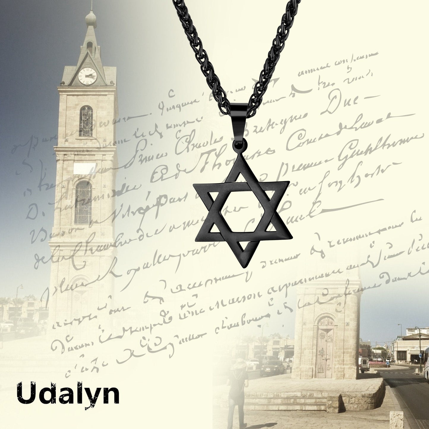 Udalyn Star of David Pendant Necklace Stainless Steel Jewish Jewelry for Men Women Religious 20 Black
