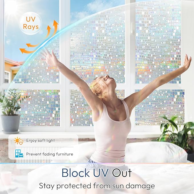 rabbitgoo Window Privacy Film Rainbow Window Film, Mosaic Decorative Stained Glass Cling, Removable Static Cling Tint UV Blocking, Non-Adhesive Privacy Covering, 35.4 x 157.4 inches