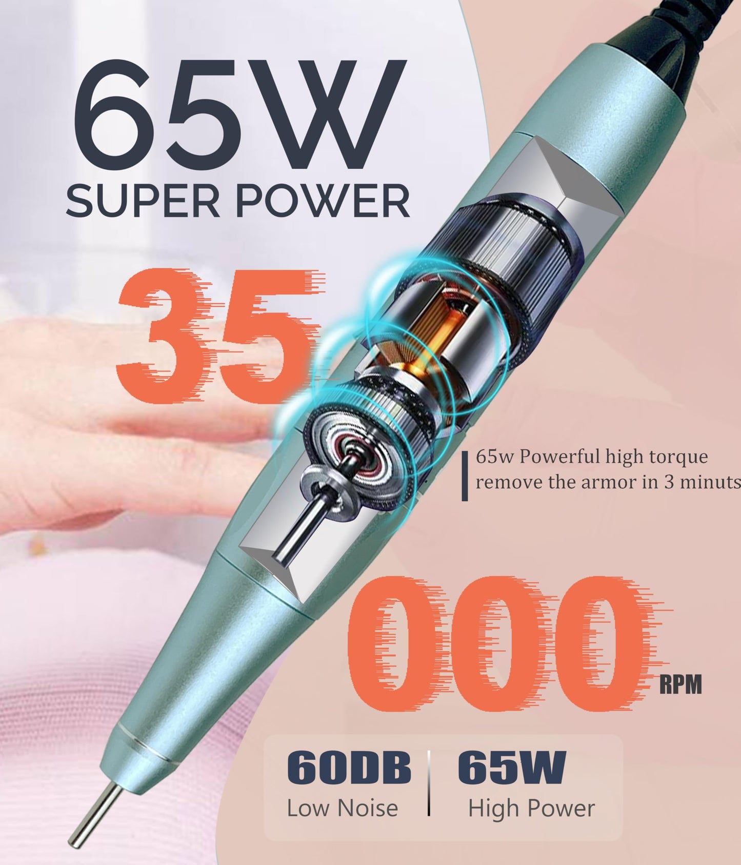 Lumcrissy 65W Nail Drill for Acrylic ,Pro High Tech Fast Removal Electric Nails Drill Kit ,Rechargeable Nail Drill Machine Profe